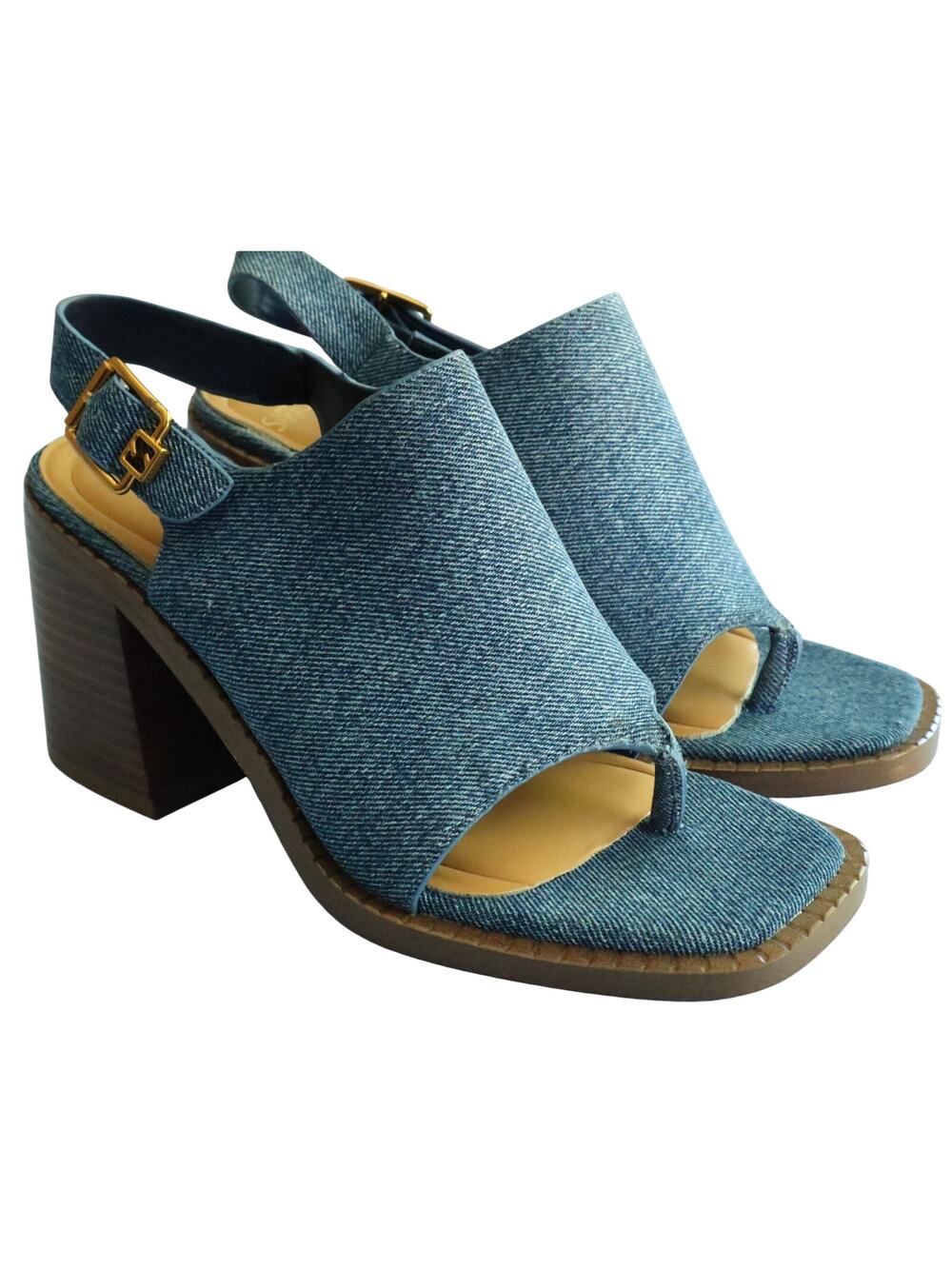 Franco Sarto Women 7 Atlas Slingback Block Heel Thong Sandal Blue Denim Open Toe